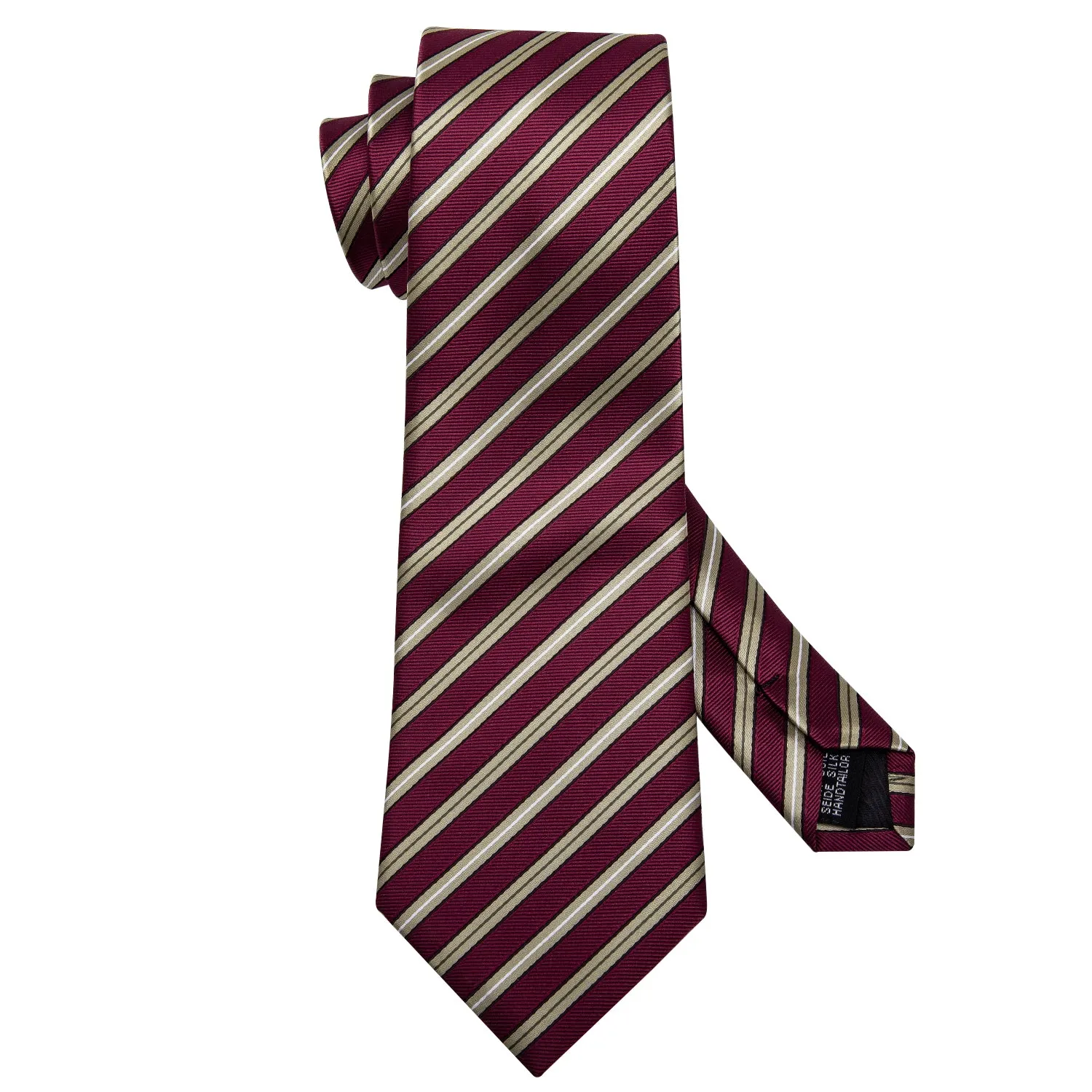 Ties2you Burgundy Tie Beige Striped Men's Silk Tie Hanky Cufflinks Set sold by Ties2You product image thumbnail 4