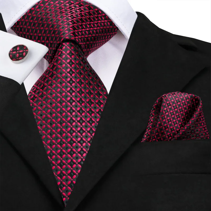Red Black Plaid Dot Silk Tie Pocket Square Cufflinks Set made by Ties2You