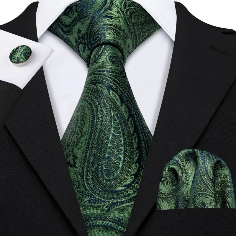 Classic Green Paisley Men's Necktie Pocket Square Cufflinks Set sold by Ties2You