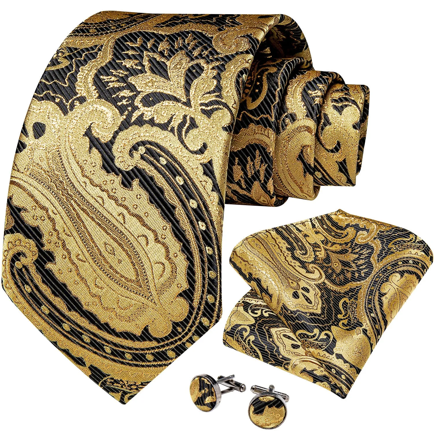Golden Black Paisley Men's Necktie Pocket Square Cufflinks Set 8cm sold by Ties2You product image thumbnail 2