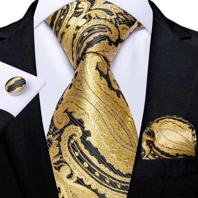 Golden Black Paisley Men's Necktie Pocket Square Cufflinks Set 8cm made by Ties2You