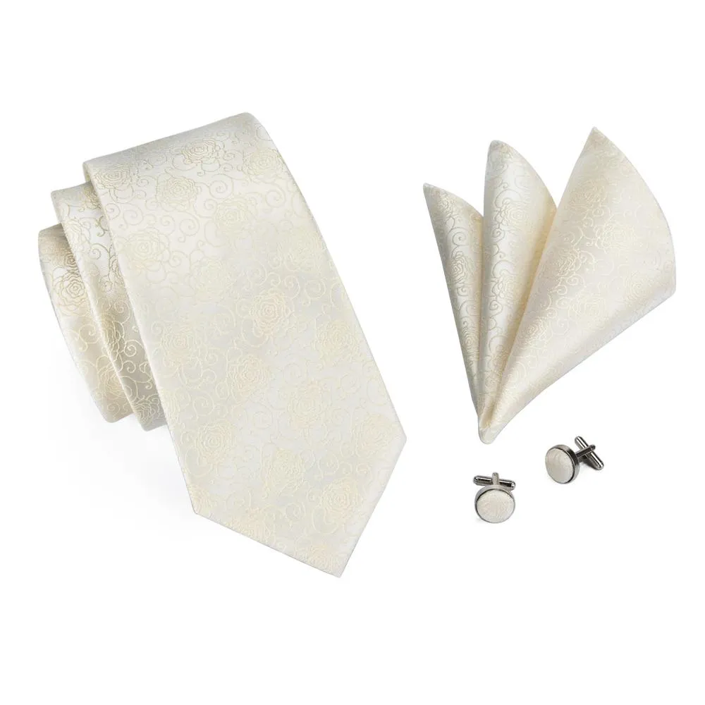 Champagne Beige Floral Tie Pocket Square Cufflinks Set sold by Ties2You product image thumbnail 3