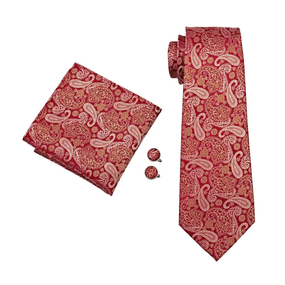 Red Paisley Silk Men's Tie Pocket Square Cufflinks Set sold by Ties2You product image thumbnail 3