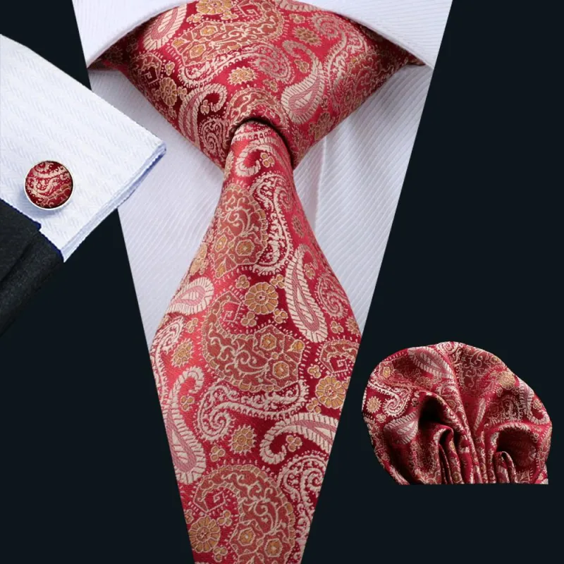 Red Paisley Silk Men's Tie Pocket Square Cufflinks Set sold by Ties2You