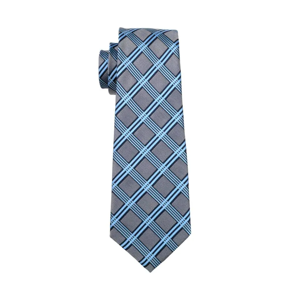 Grey Blue Plaid Silk Men's Tie Pocket Square Cufflinks Set sold by Ties2You product image thumbnail 5