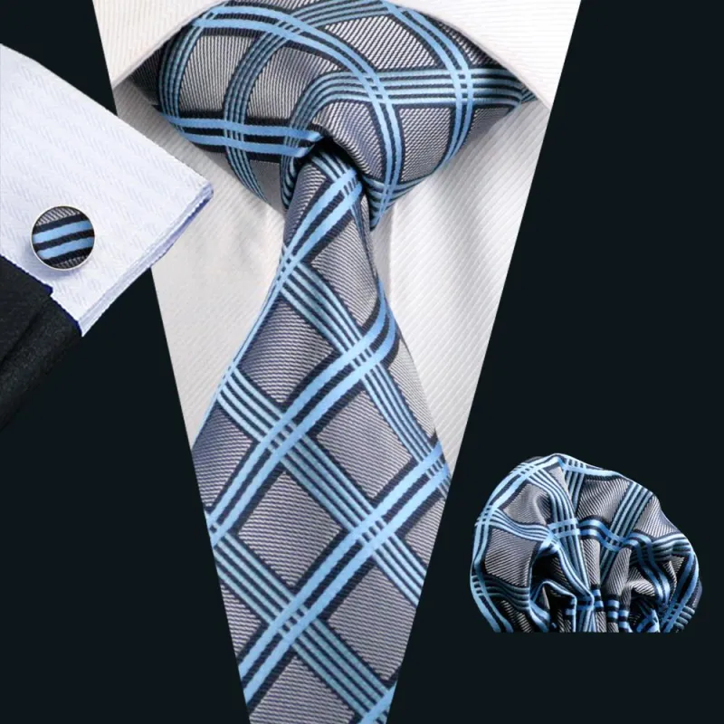 Grey Blue Plaid Silk Men's Tie Pocket Square Cufflinks Set sold by Ties2You