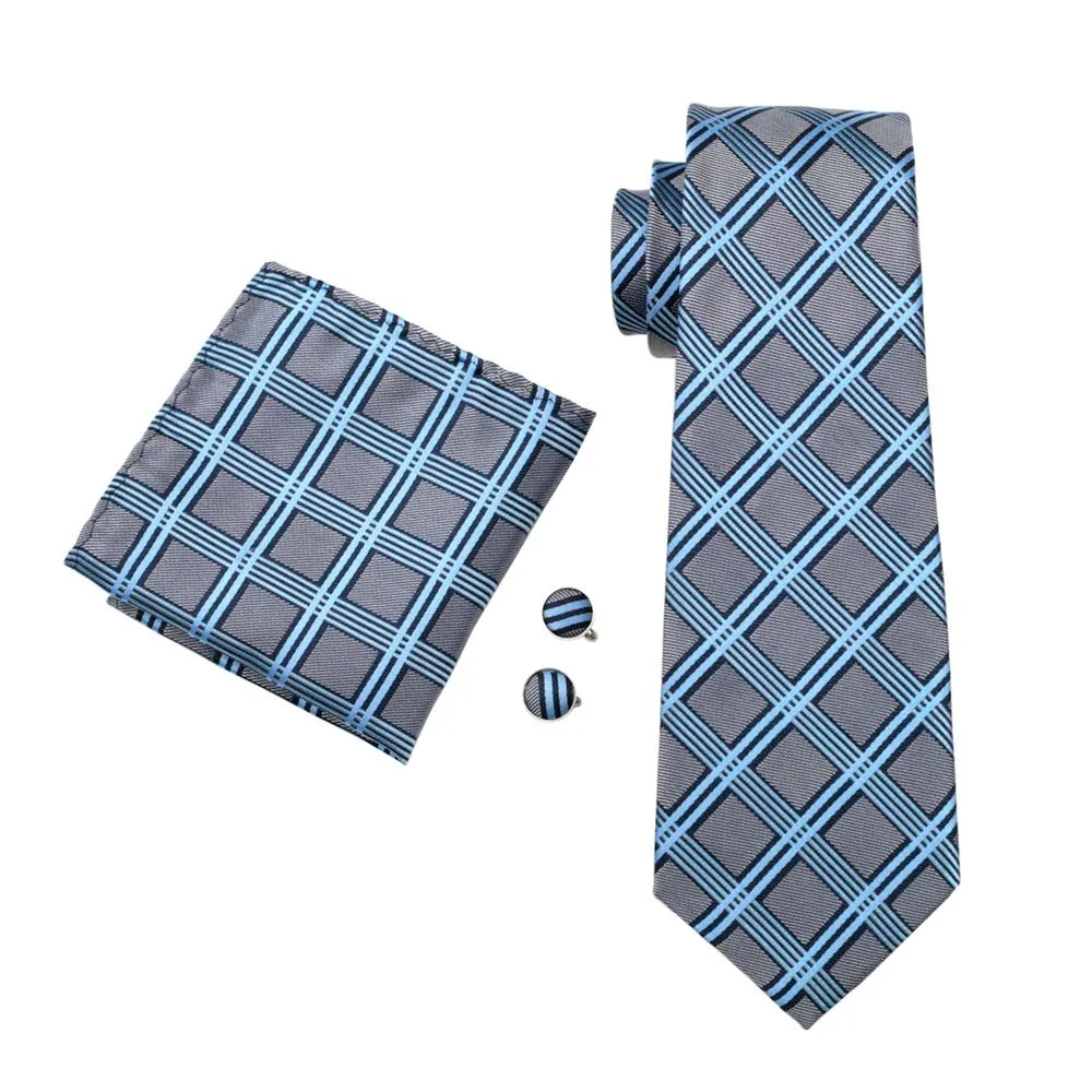 Grey Blue Plaid Silk Men's Tie Pocket Square Cufflinks Set sold by Ties2You product image thumbnail 3