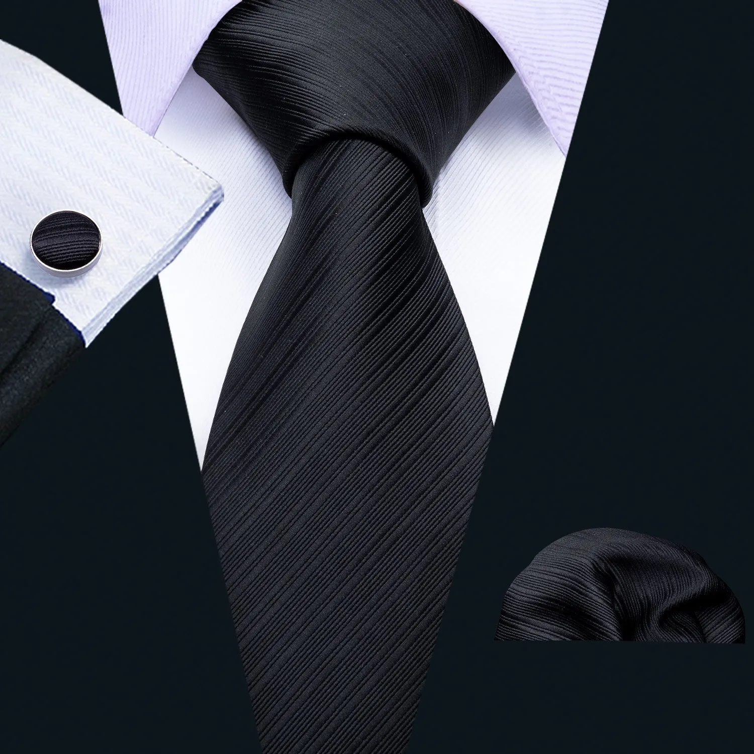 Black Striped Silk Men's Tie Hanky Cufflinks Set sold by Ties2You