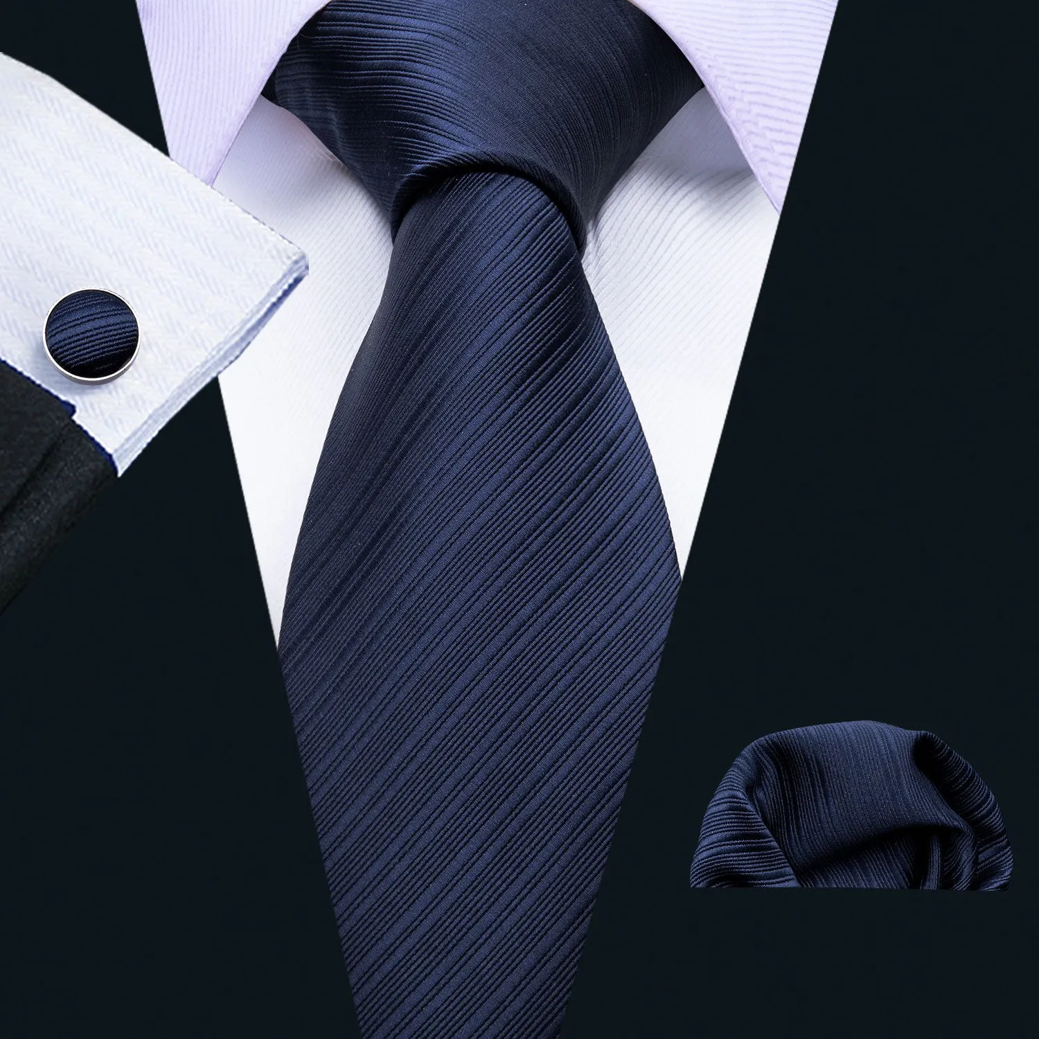 Navy Blue Striped Silk Men's Tie Hanky Cufflinks Set sold by Ties2You