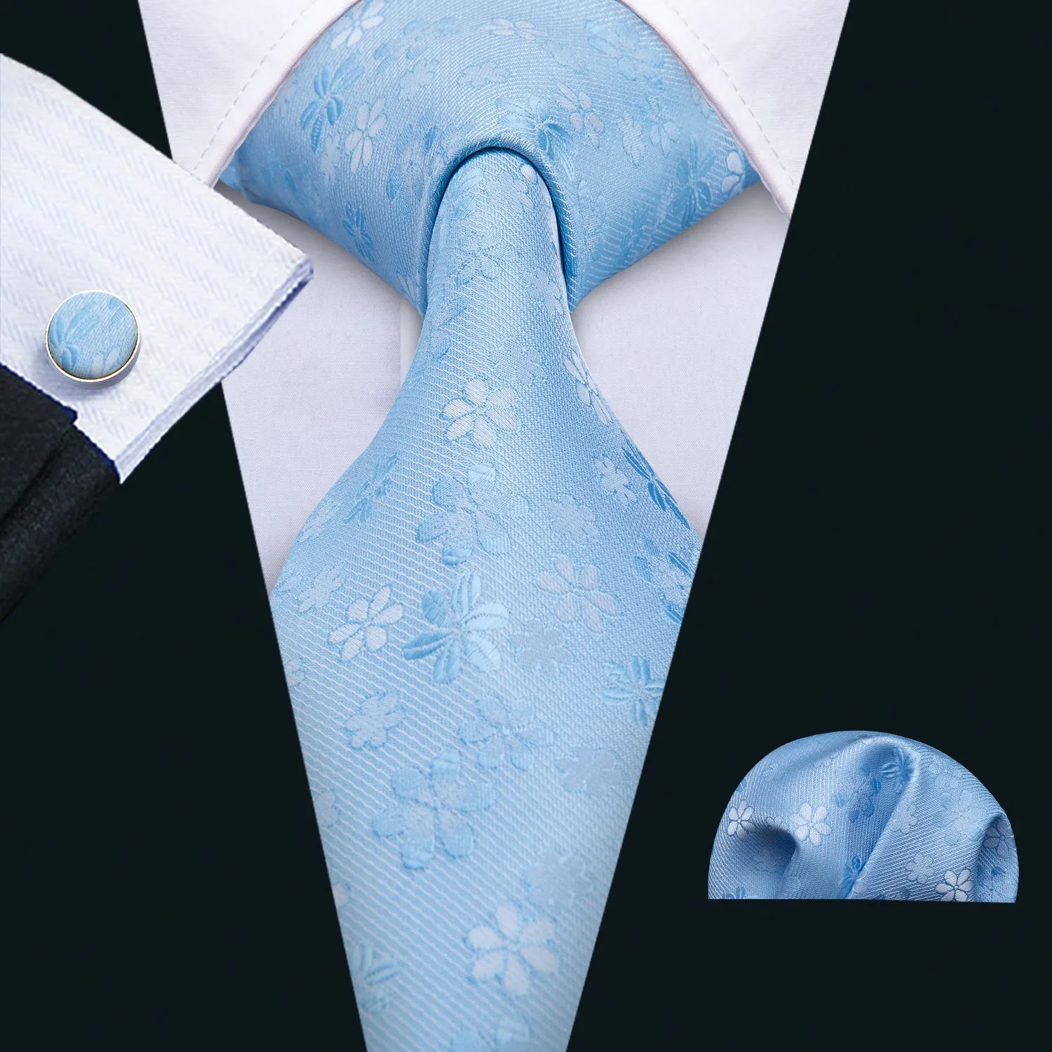 Skyblue Floral Tie Hanky Cufflinks Set sold by Ties2You