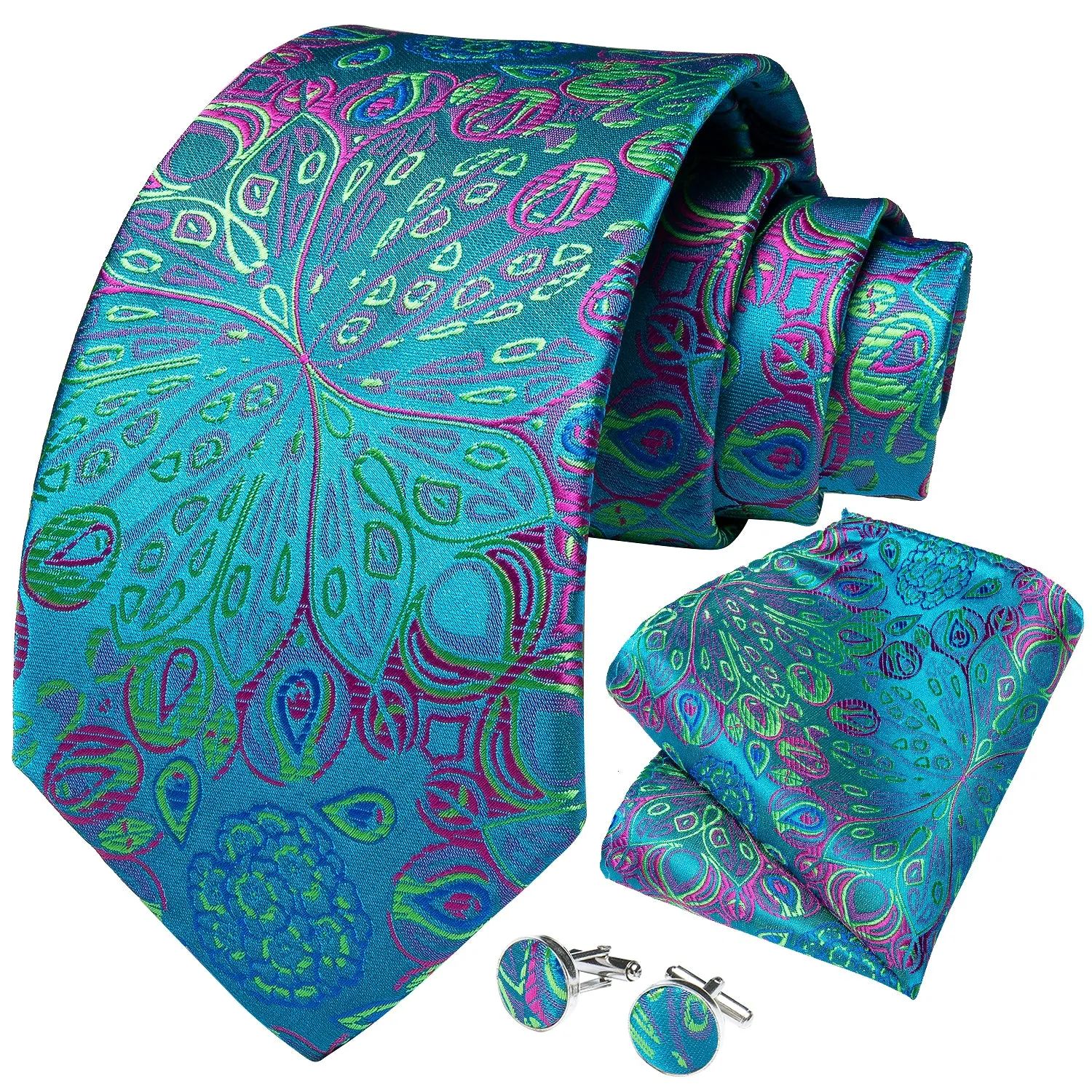 Ties2you Blue Tie Green Floral Tie Pocket Square Cufflinks Set for Men sold by Ties2You product image thumbnail 2