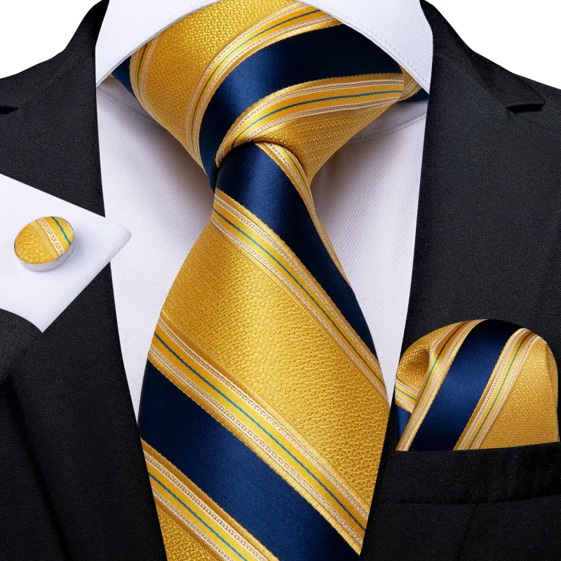 Ties2you Striped Tie Yellow Blue Silk Men's Necktie Pocket Square Cufflinks Set for Business sold by Ties2You
