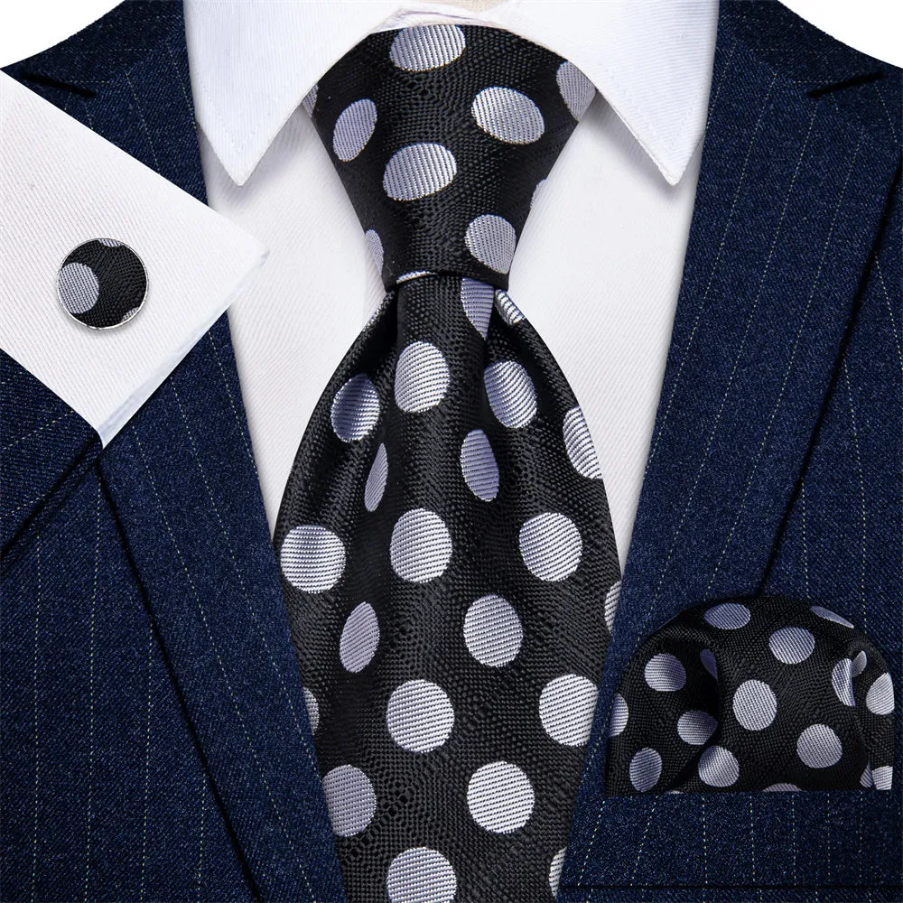 Ties2you Black Tie Grey Dots Men's Necktie Handkerchief Cufflinks Set sold by Ties2You