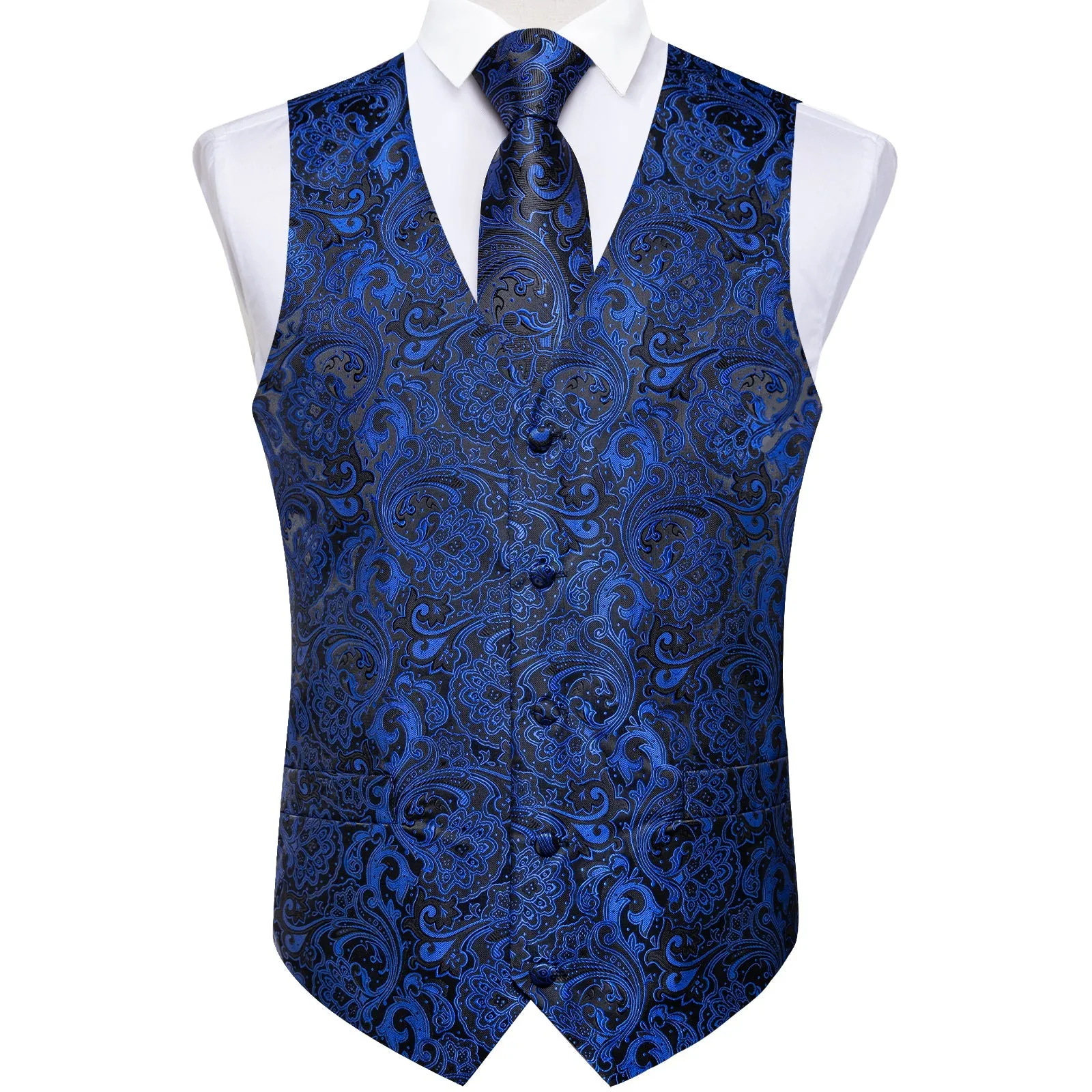 Ties2you Mens Navy Blue Suit Vest Silk Formal Black Paisley Hanky Cufflinks Tie Set sold by Ties2You product image thumbnail 4