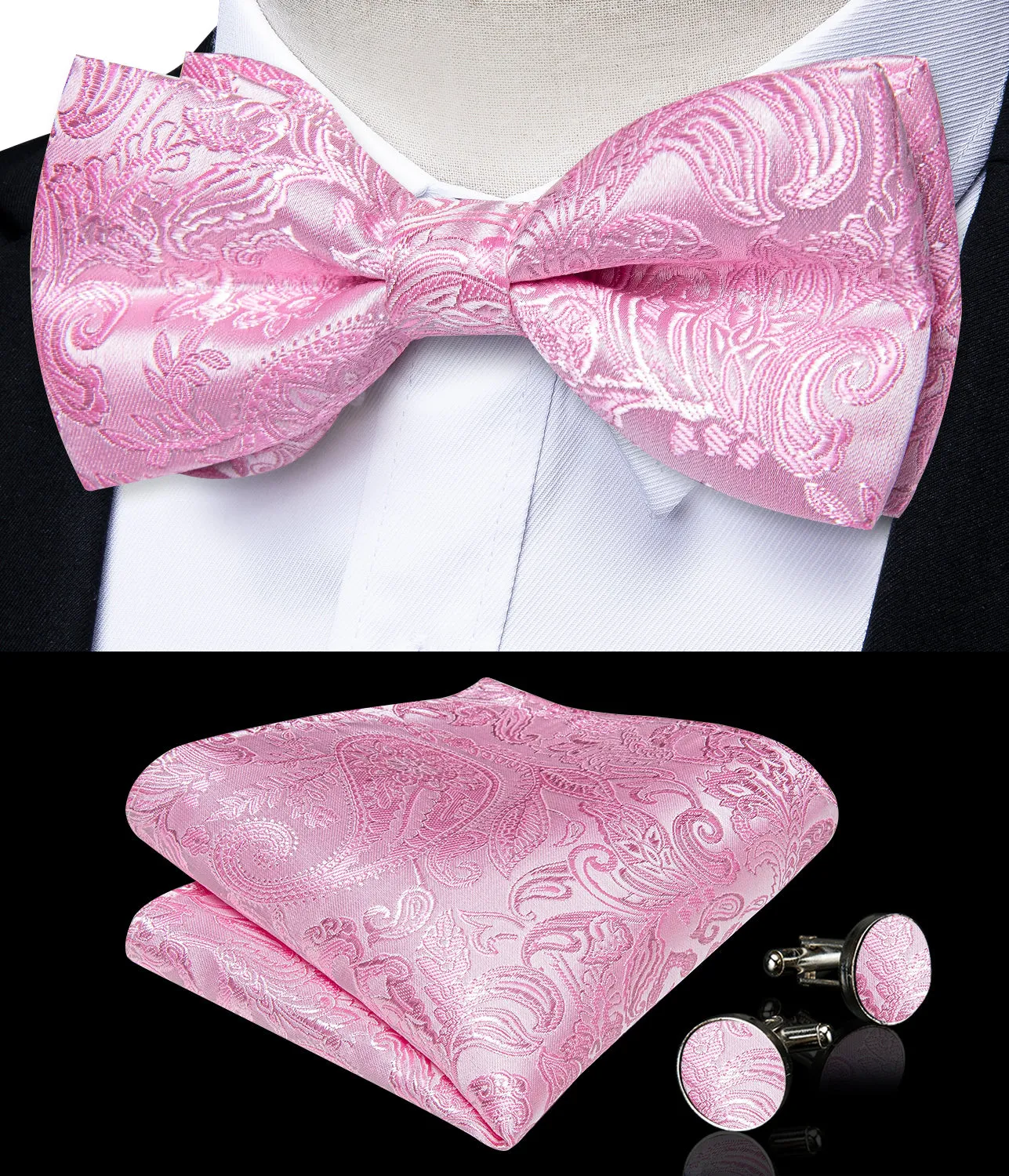 Ties2you Mens Light Pink Suit Vest Paisley Silk Wedding Dress Waistcoat Hanky Bow Tie Set sold by Ties2You product image thumbnail 3