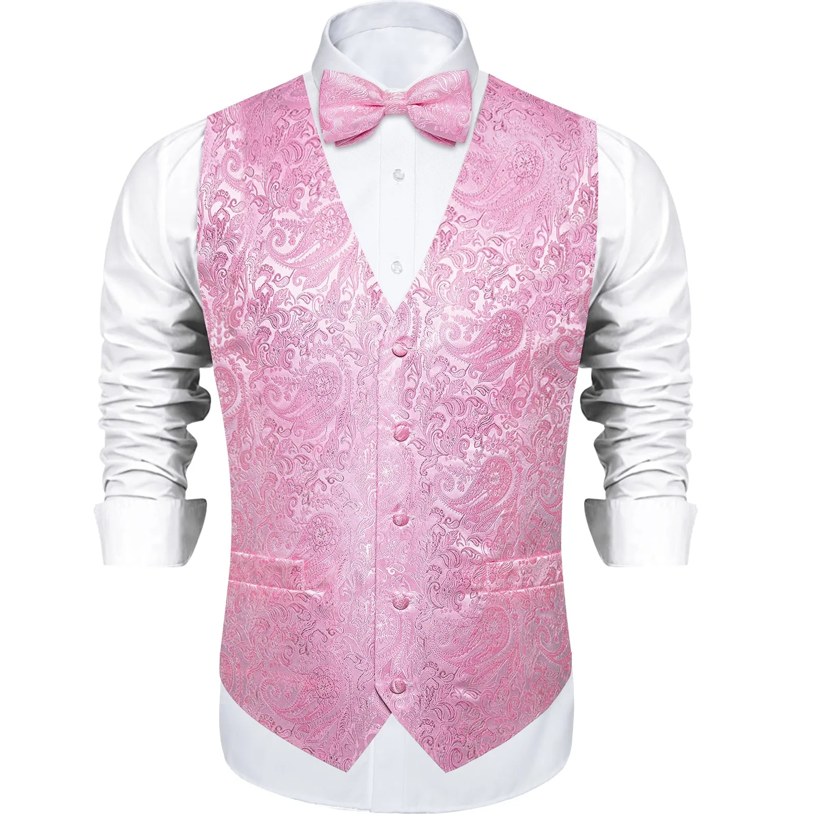 Ties2you Mens Light Pink Suit Vest Paisley Silk Wedding Dress Waistcoat Hanky Bow Tie Set sold by Ties2You product image thumbnail 2