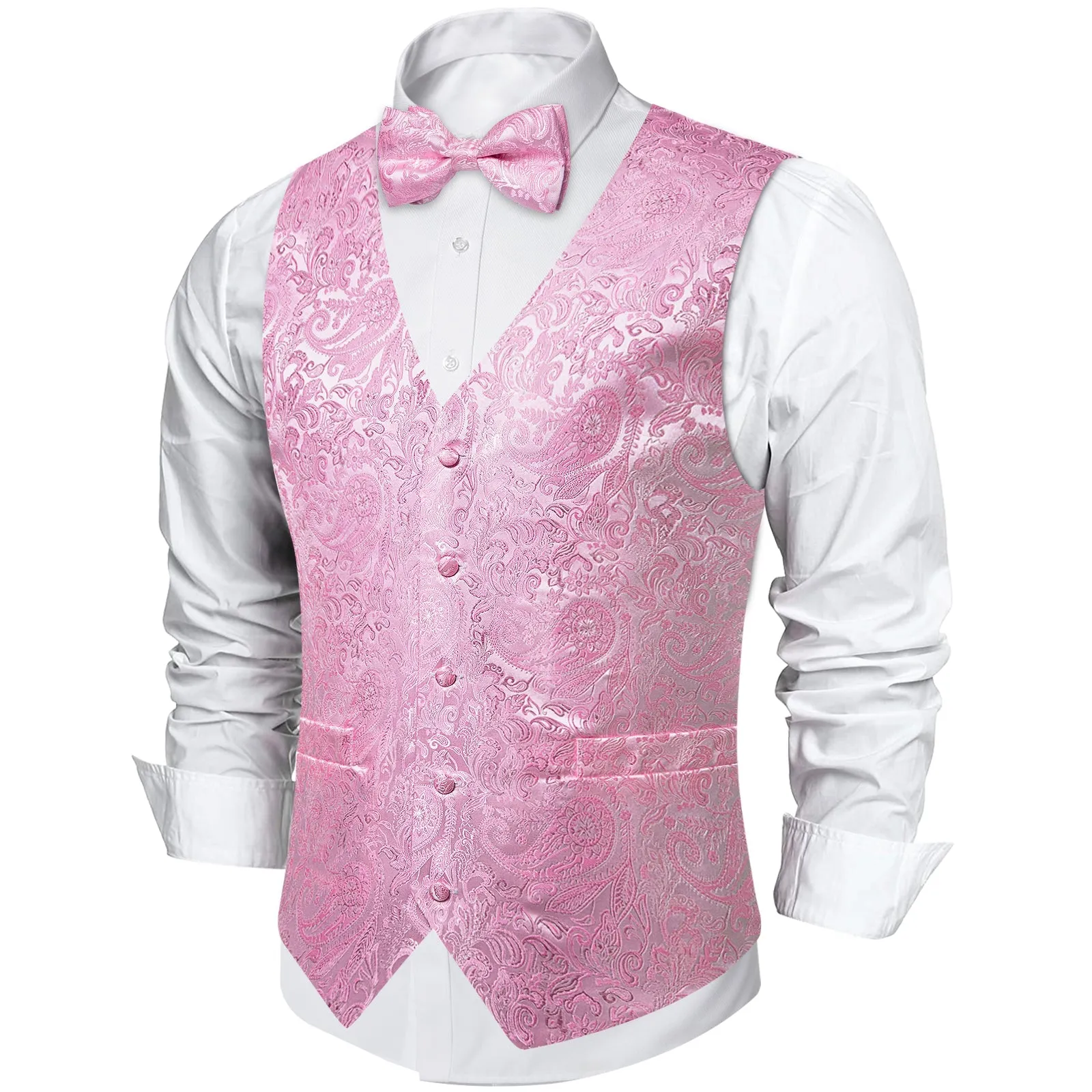 Ties2you Mens Light Pink Suit Vest Paisley Silk Wedding Dress Waistcoat Hanky Bow Tie Set sold by Ties2You product image thumbnail 4