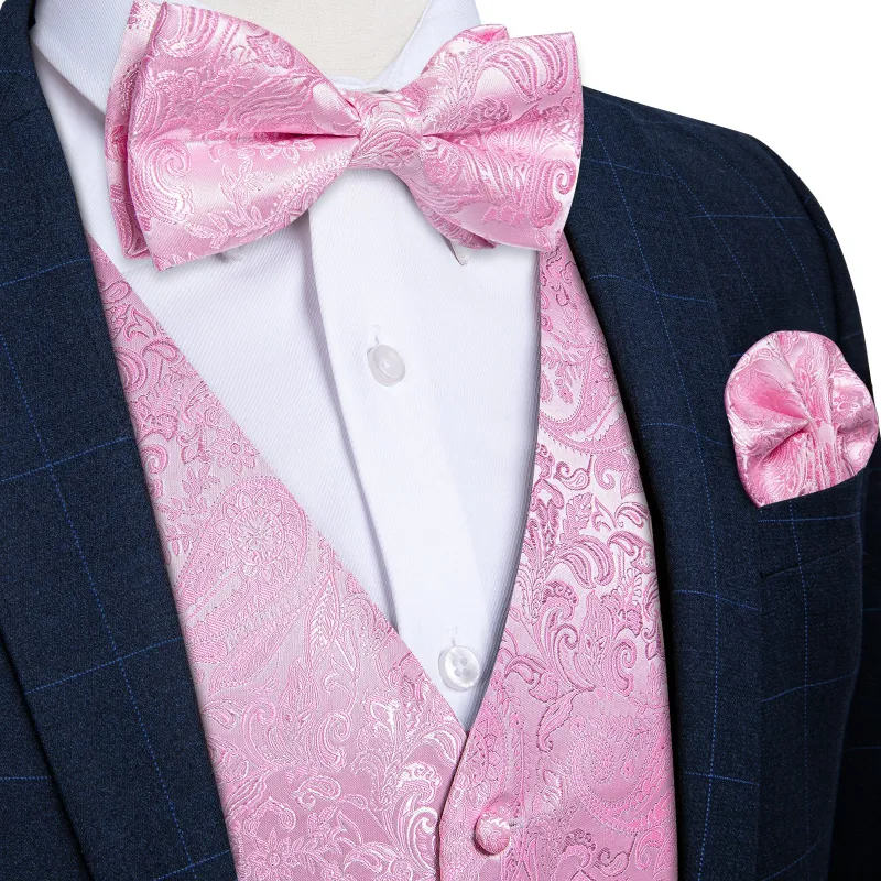 Ties2you Mens Light Pink Suit Vest Paisley Silk Wedding Dress Waistcoat Hanky Bow Tie Set made by Ties2You