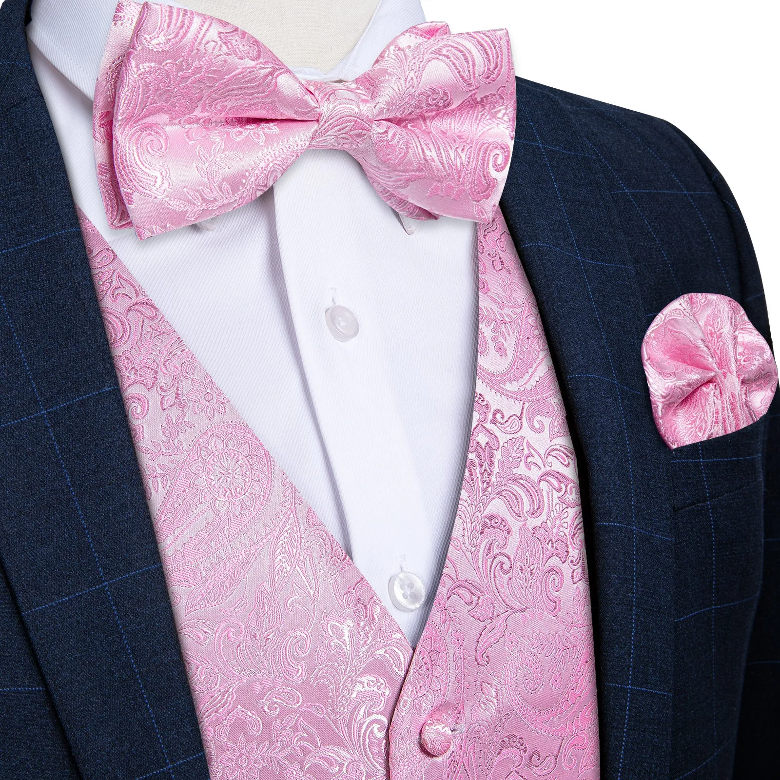 Ties2you Mens Light Pink Suit Vest Paisley Silk Wedding Dress Waistcoat Hanky Bow Tie Set sold by Ties2You