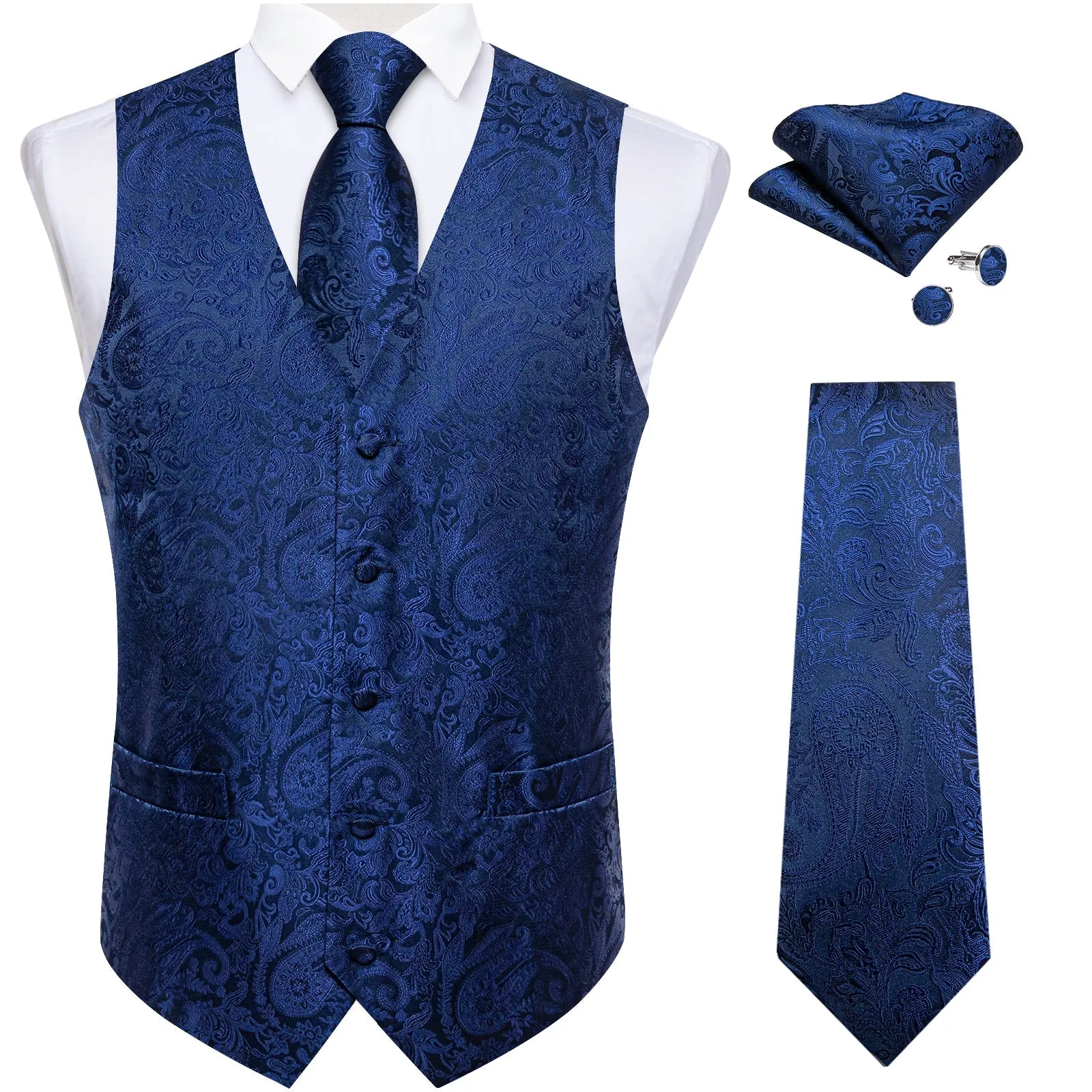 Ties2you Men's Navy Blue Vest Silk Formal Waistcoat Paisley Hanky Cufflinks Tie Set sold by Ties2You product image thumbnail 5