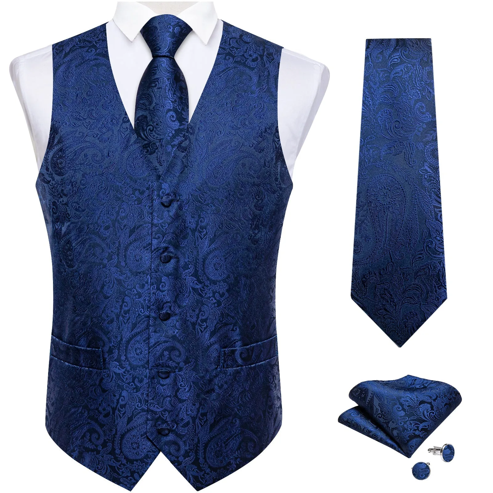 Ties2you Men's Navy Blue Vest Silk Formal Waistcoat Paisley Hanky Cufflinks Tie Set sold by Ties2You product image thumbnail 2
