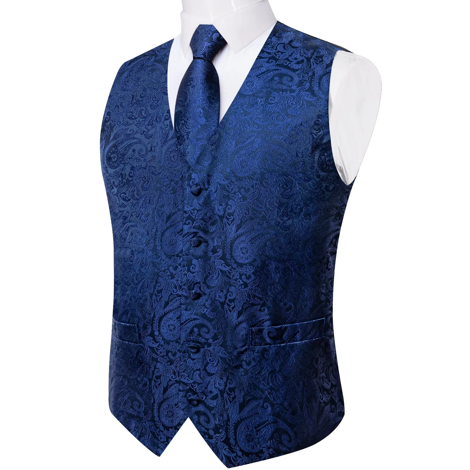 Ties2you Men's Navy Blue Vest Silk Formal Waistcoat Paisley Hanky Cufflinks Tie Set sold by Ties2You product image thumbnail 3