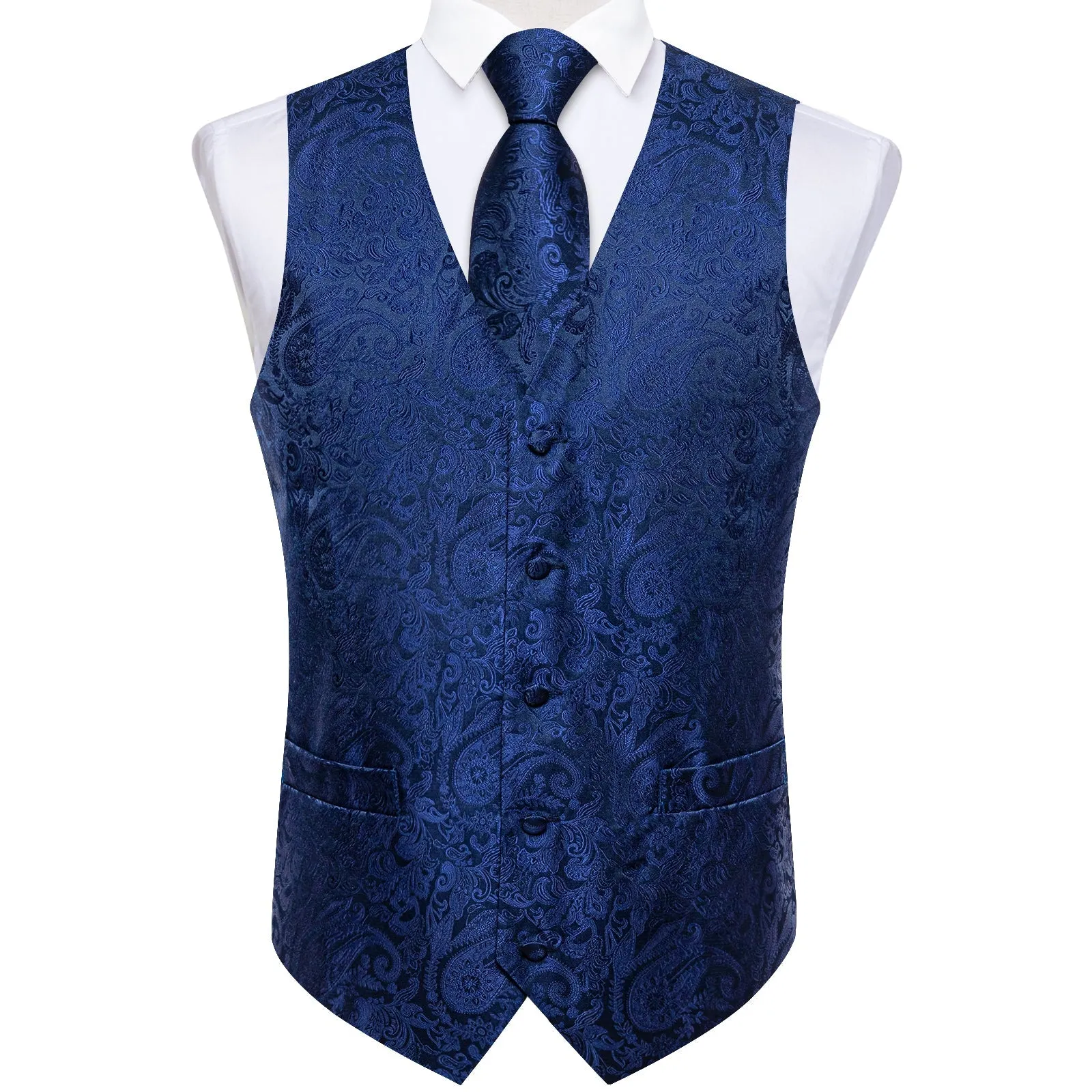 Ties2you Men's Navy Blue Vest Silk Formal Waistcoat Paisley Hanky Cufflinks Tie Set sold by Ties2You product image thumbnail 4