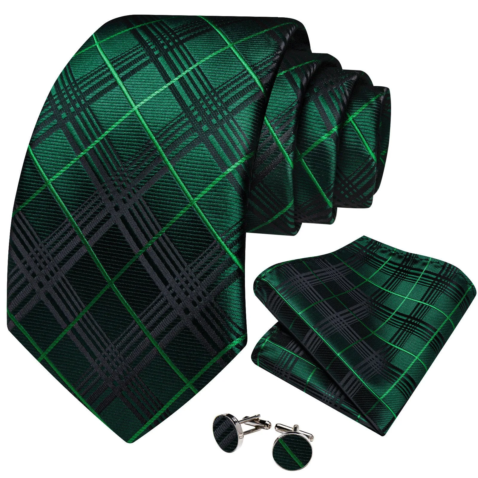 Ties2you Mens Hunter Green Tie Plaid Silk Necktie Pocket Square Cufflinks Set sold by Ties2You product image thumbnail 2