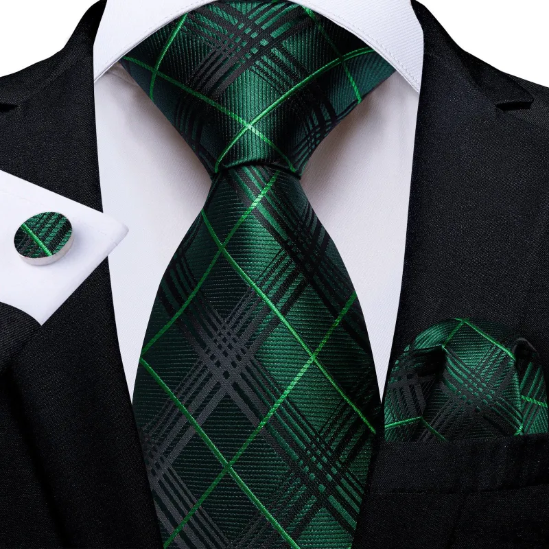 Ties2you Mens Hunter Green Tie Plaid Silk Necktie Pocket Square Cufflinks Set made by Ties2You
