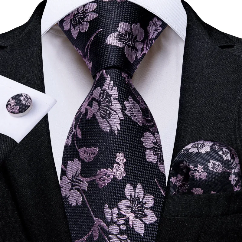 Ties2you Black Necktie Floral Silk Wedding Tie Handkerchief Cufflinks Set made by Ties2You
