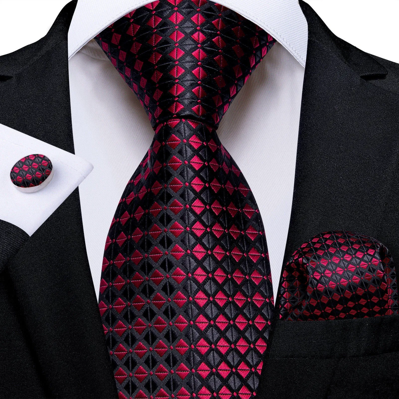 Ties2you Plaid Necktie Maroon Black Formal Tie Handkerchief Cufflinks Set sold by Ties2You