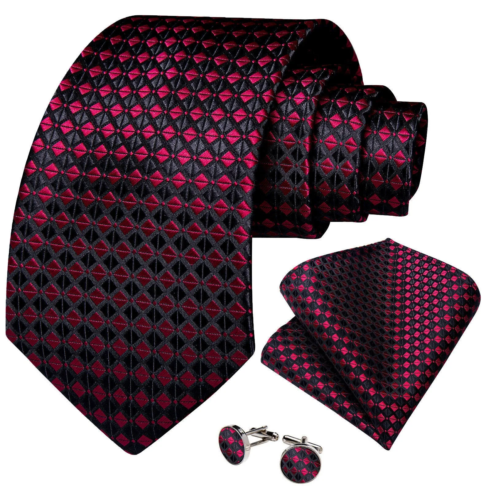 Ties2you Plaid Necktie Maroon Black Formal Tie Handkerchief Cufflinks Set sold by Ties2You product image thumbnail 2