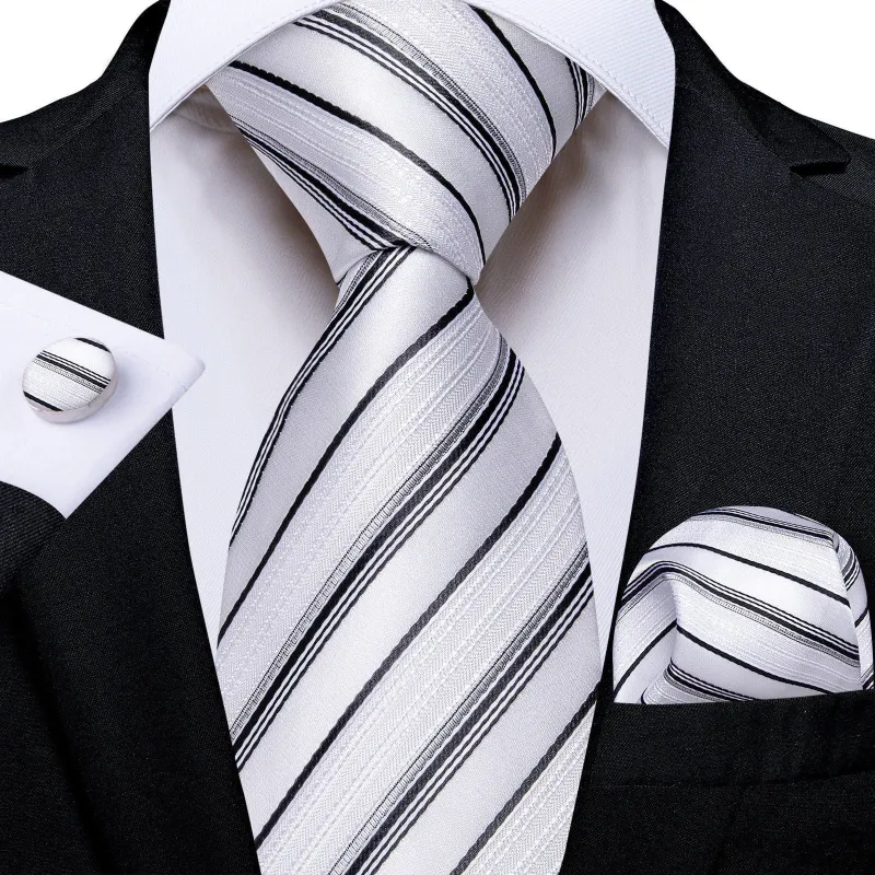 Ties2you White Necktie for Men Striped Silk Tie Handkerchief Cufflinks Set Business made by Ties2You
