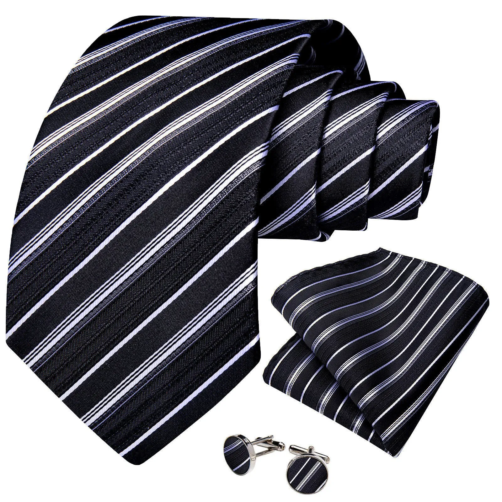 Ties2you Black Formal Necktie Striped Silk Tie Handkerchief Cufflinks Set sold by Ties2You product image thumbnail 2