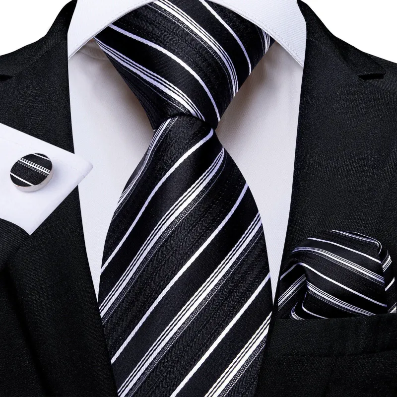 Ties2you Black Formal Necktie Striped Silk Tie Handkerchief Cufflinks Set made by Ties2You