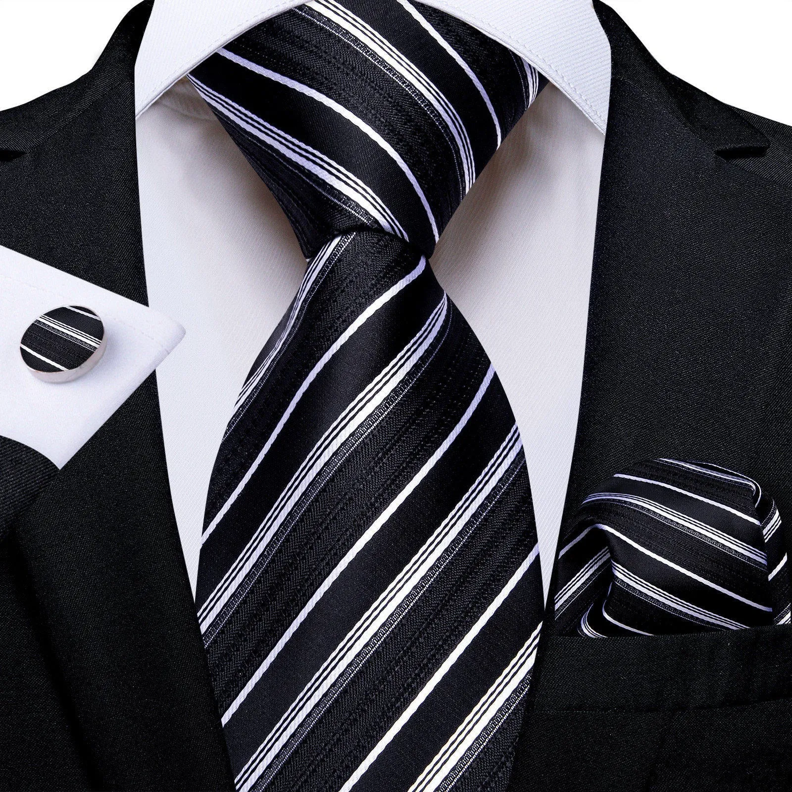 Ties2you Black Formal Necktie Striped Silk Tie Handkerchief Cufflinks Set sold by Ties2You