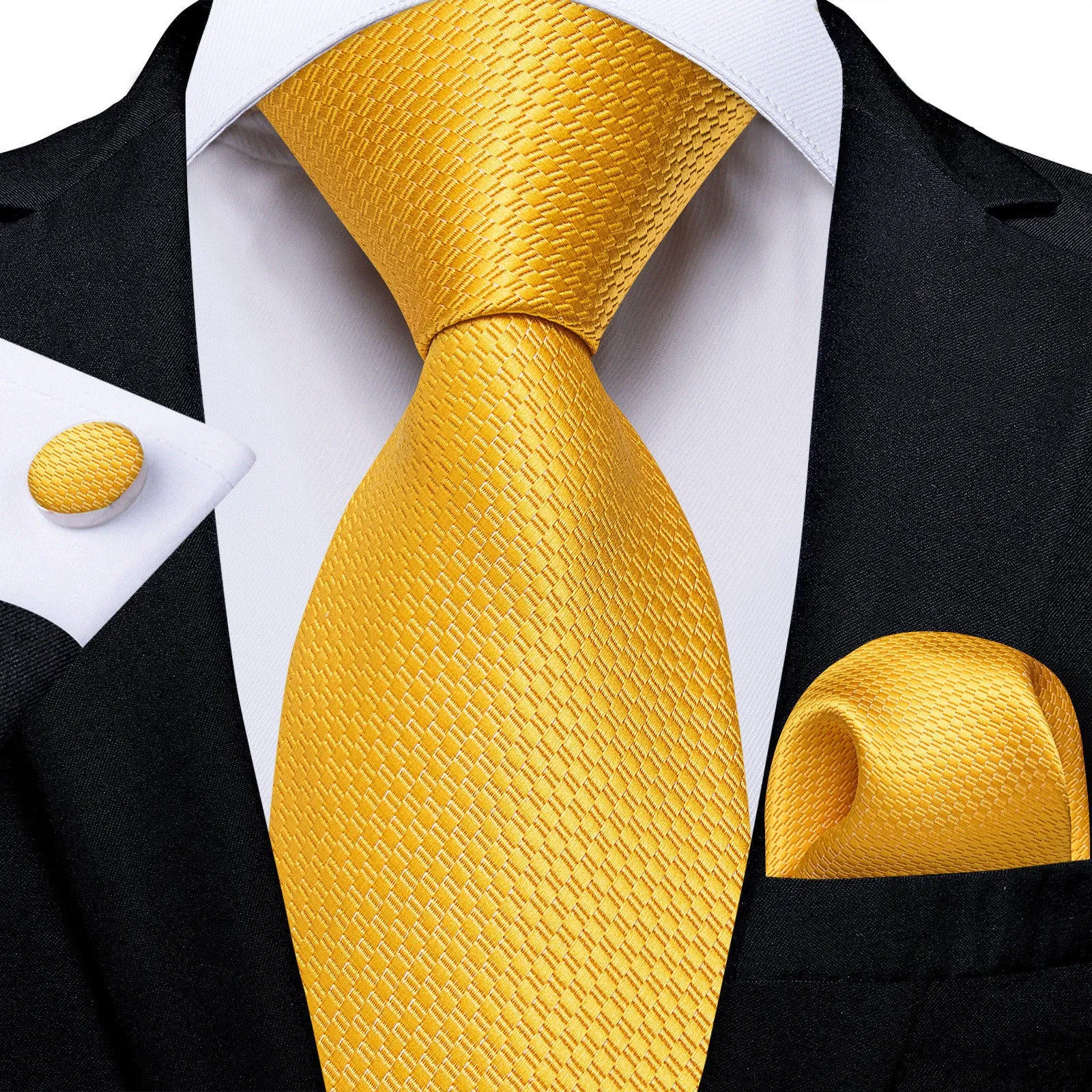 Ties2you Solid Tie Yellow Silk Woven Necktie Handkerchief Cufflinks Set Party sold by Ties2You