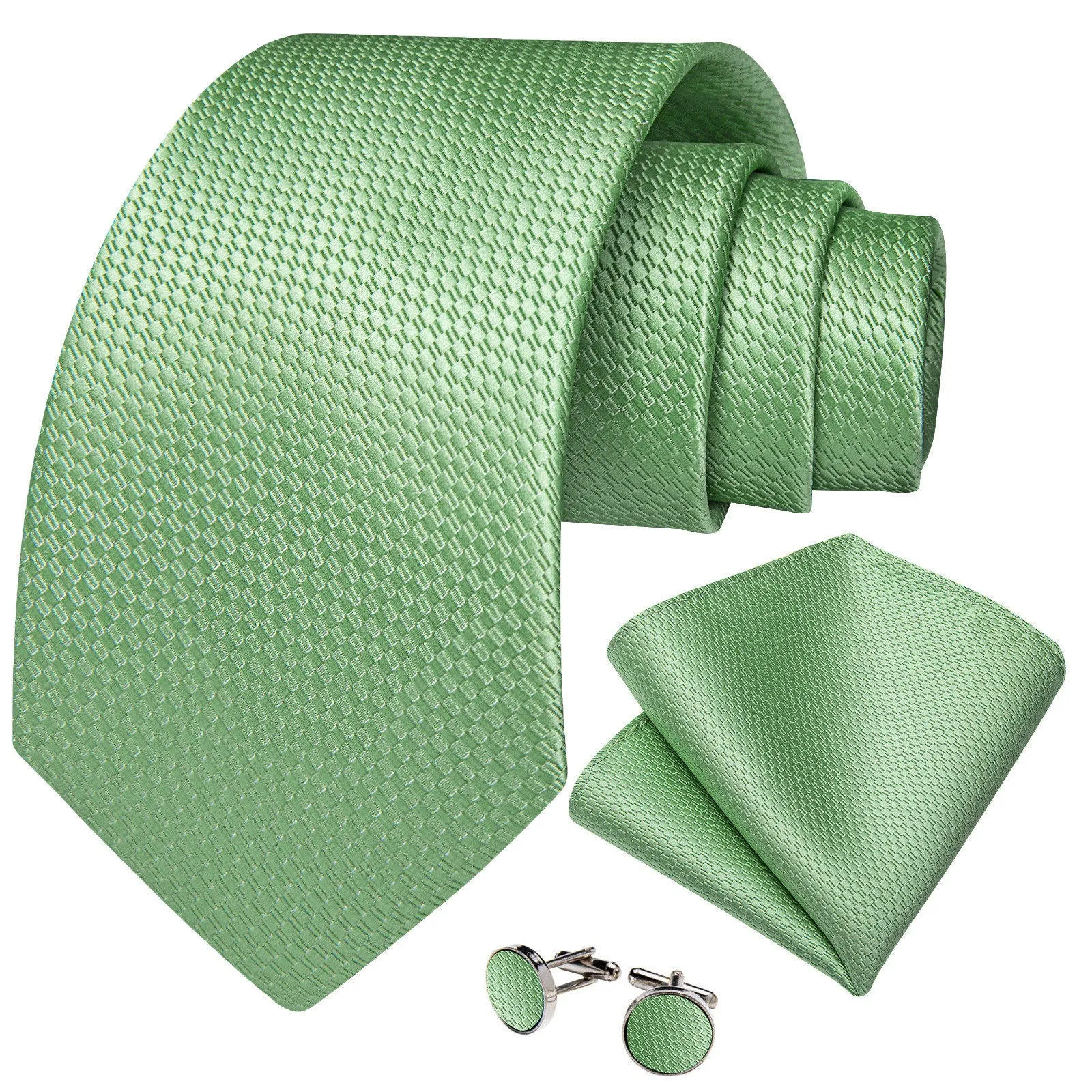 Ties2you Plaid Tie for Men Pea Green Silk Necktie Handkerchief Cufflinks Set for Wedding sold by Ties2You product image thumbnail 2