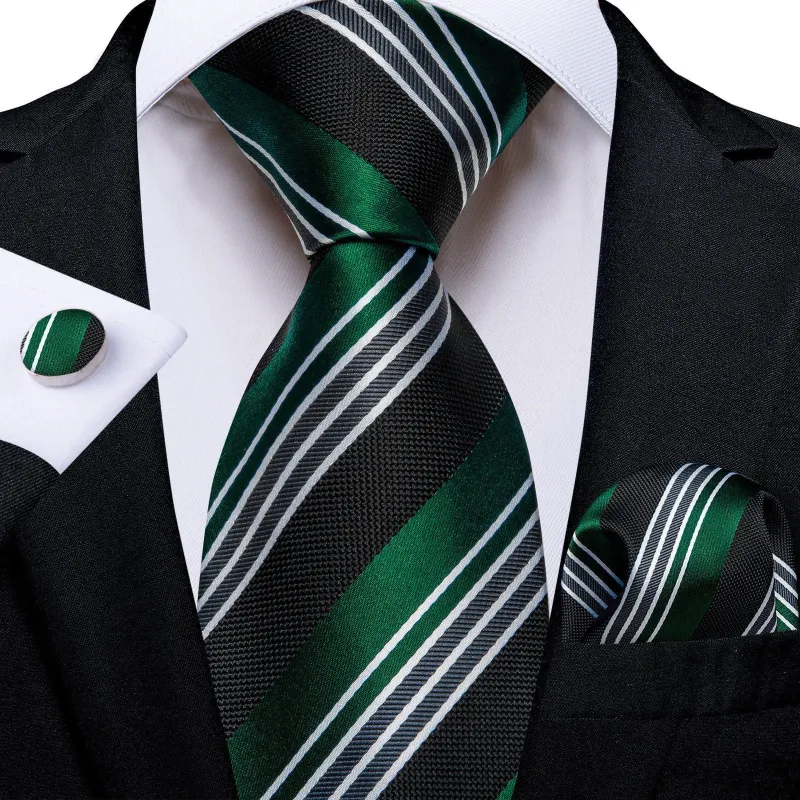 Ties2you Striped Tie for Men Hunter Green Silk Necktie Handkerchief Cufflinks Set made by Ties2You