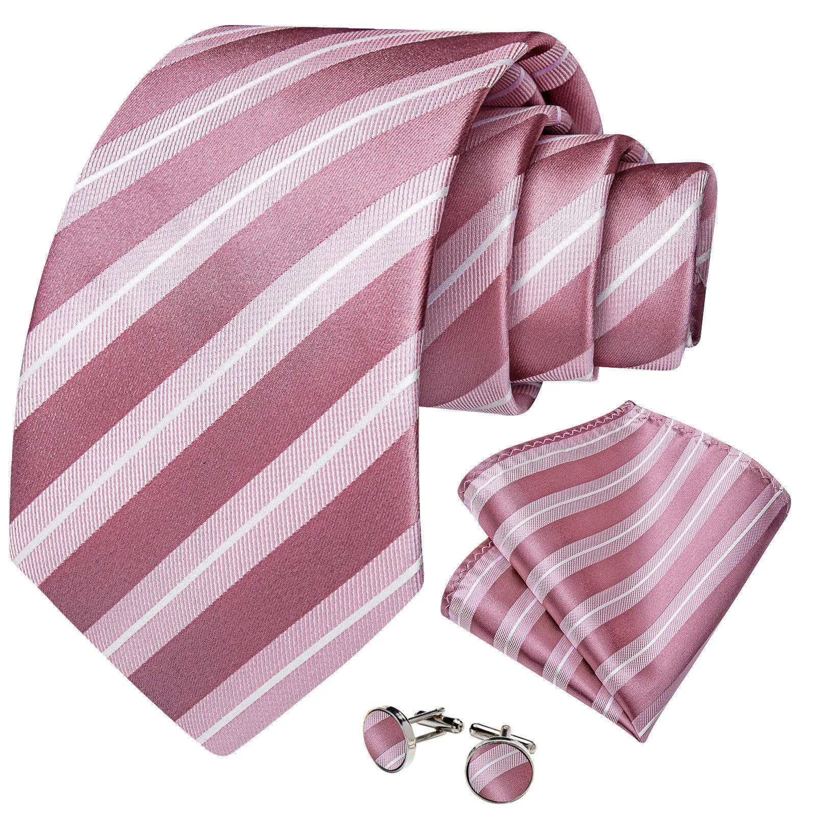 Ties2you Striped Necktie Rose Pink Mens Silk Tie Pocket Square Cufflinks Set sold by Ties2You product image thumbnail 2
