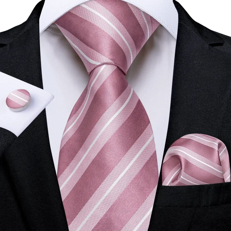 Ties2you Striped Necktie Rose Pink Mens Silk Tie Pocket Square Cufflinks Set made by Ties2You