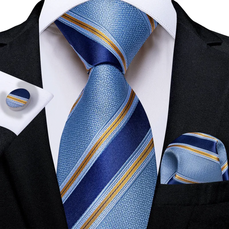 Ties2you Striped Necktie Dusty Blue Silk Tie Pocket Square Cufflinks Set for Business made by Ties2You