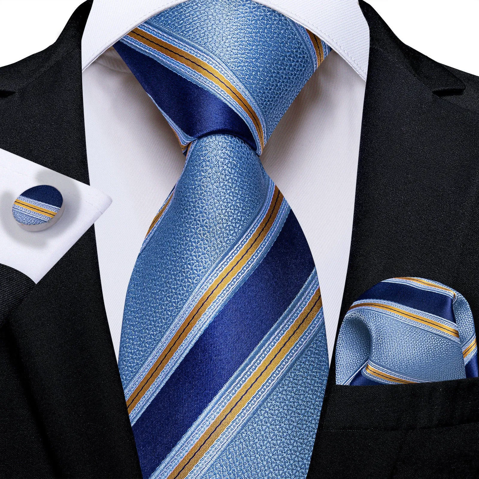 Ties2you Striped Necktie Dusty Blue Silk Tie Pocket Square Cufflinks Set for Business sold by Ties2You