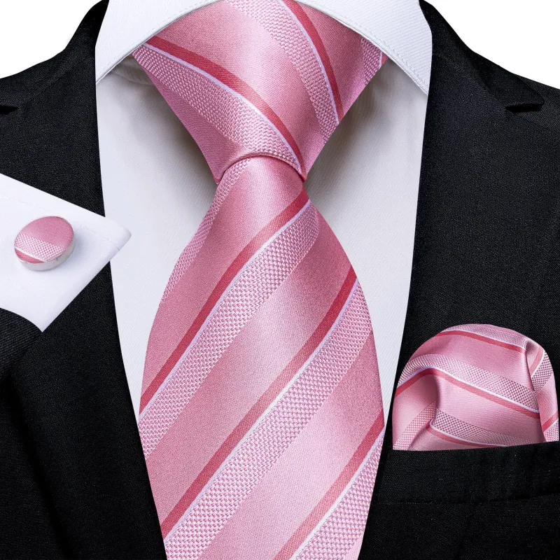 Ties2you Pink Striped Necktie for Men Silk Wedding Tie Pocket Square Cufflinks Set made by Ties2You