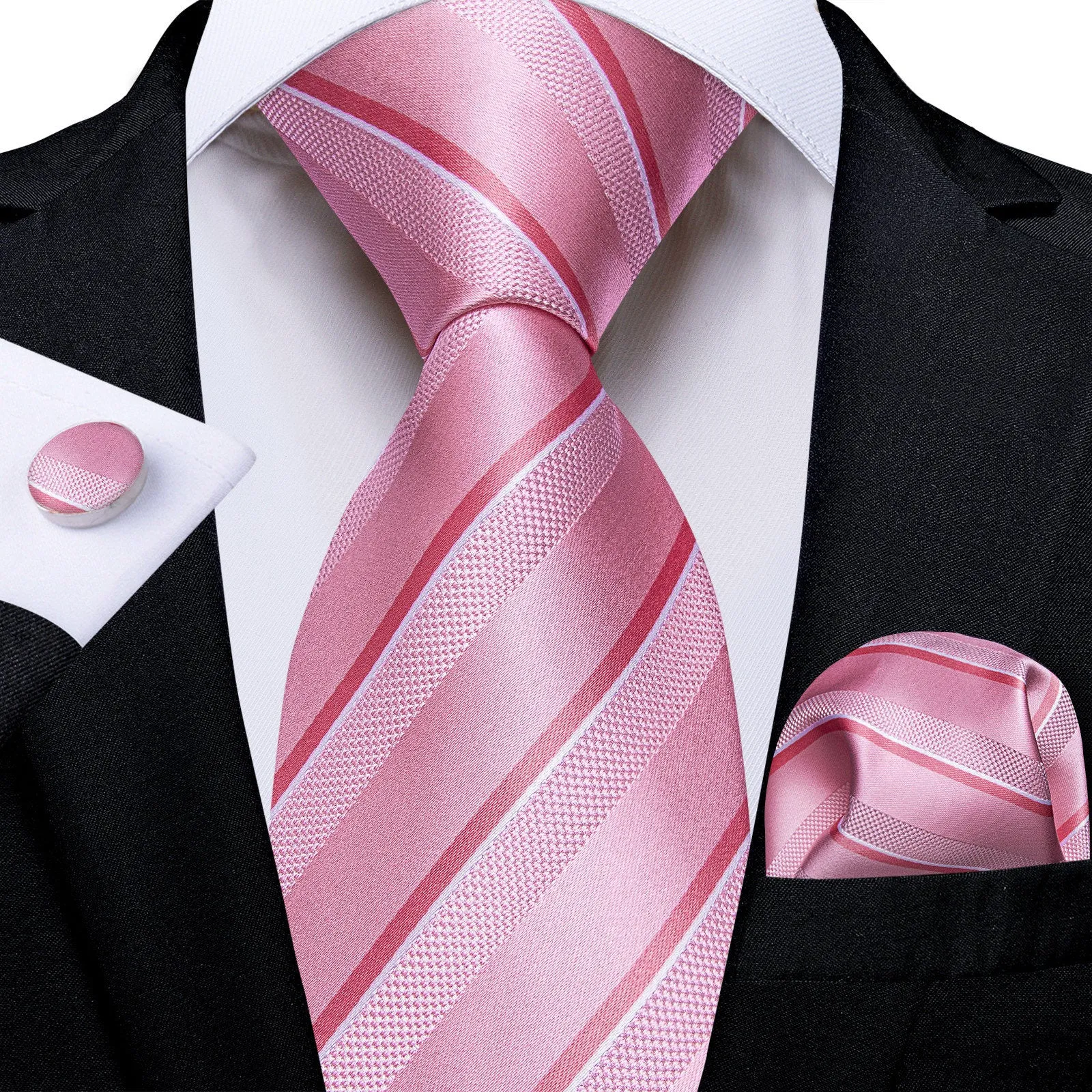 Ties2you Pink Striped Necktie for Men Silk Wedding Tie Pocket Square Cufflinks Set sold by Ties2You