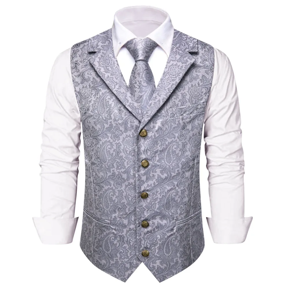 Ties2you Men's Silver Paisley Vest Silk Jacquard Grey Suit Waistcoat Necktie Hanky Set sold by Ties2You product image thumbnail 2
