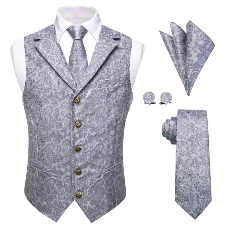 Ties2you Men's Silver Paisley Vest Silk Jacquard Grey Suit Waistcoat Necktie Hanky Set made by Ties2You