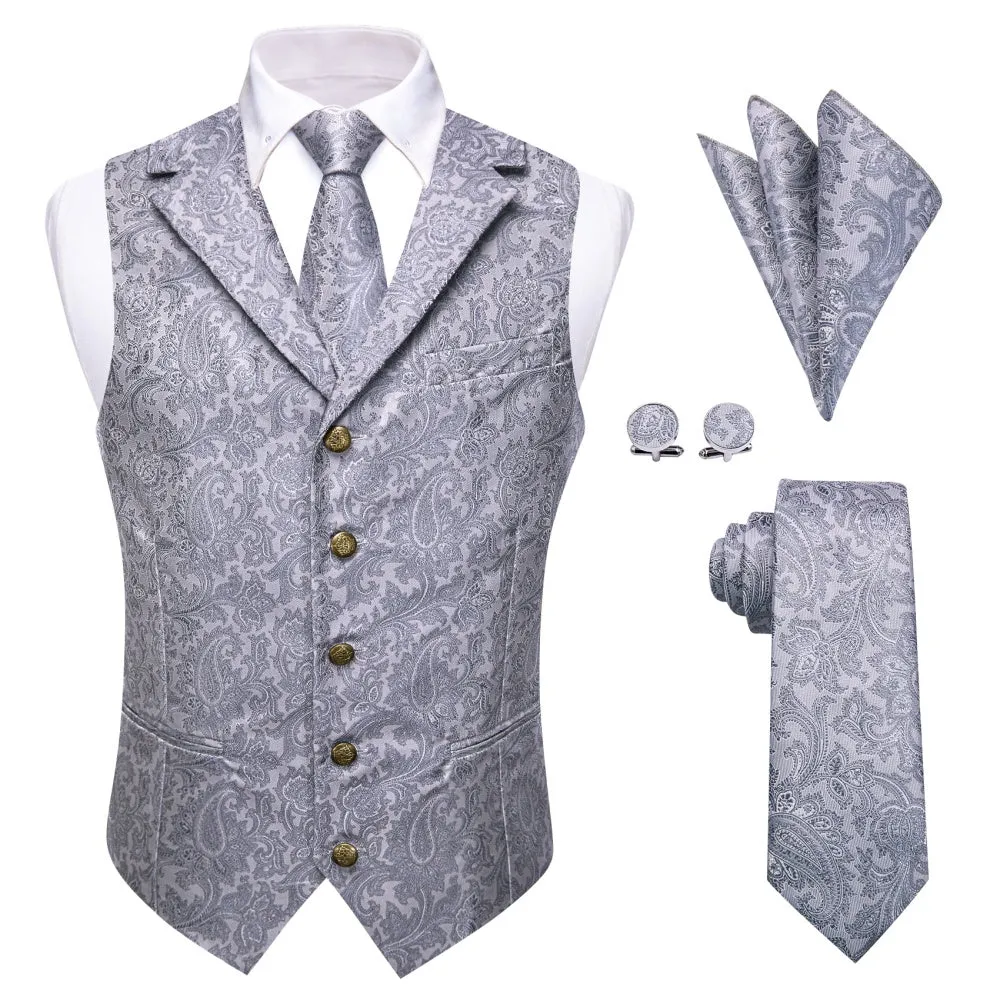 Ties2you Men's Silver Paisley Vest Silk Jacquard Grey Suit Waistcoat Necktie Hanky Set sold by Ties2You