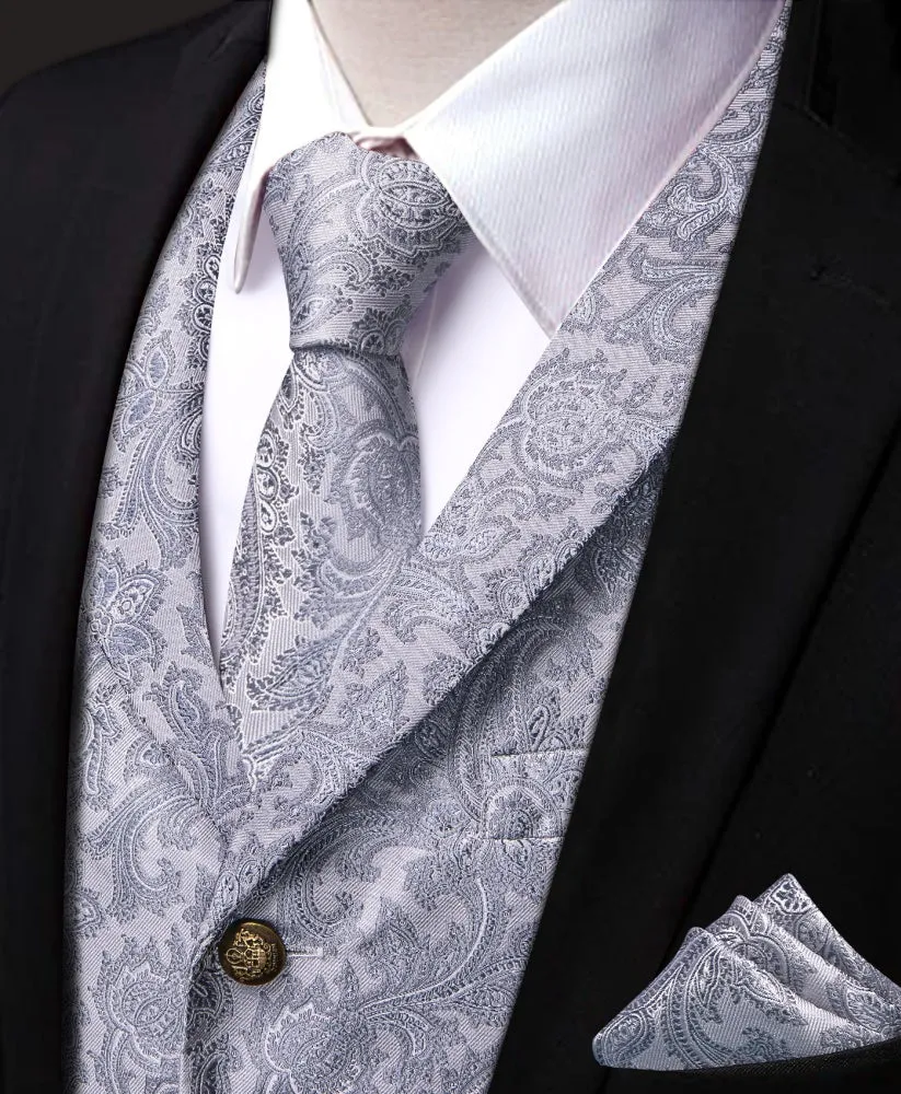 Ties2you Men's Silver Paisley Vest Silk Jacquard Grey Suit Waistcoat Necktie Hanky Set sold by Ties2You product image thumbnail 3