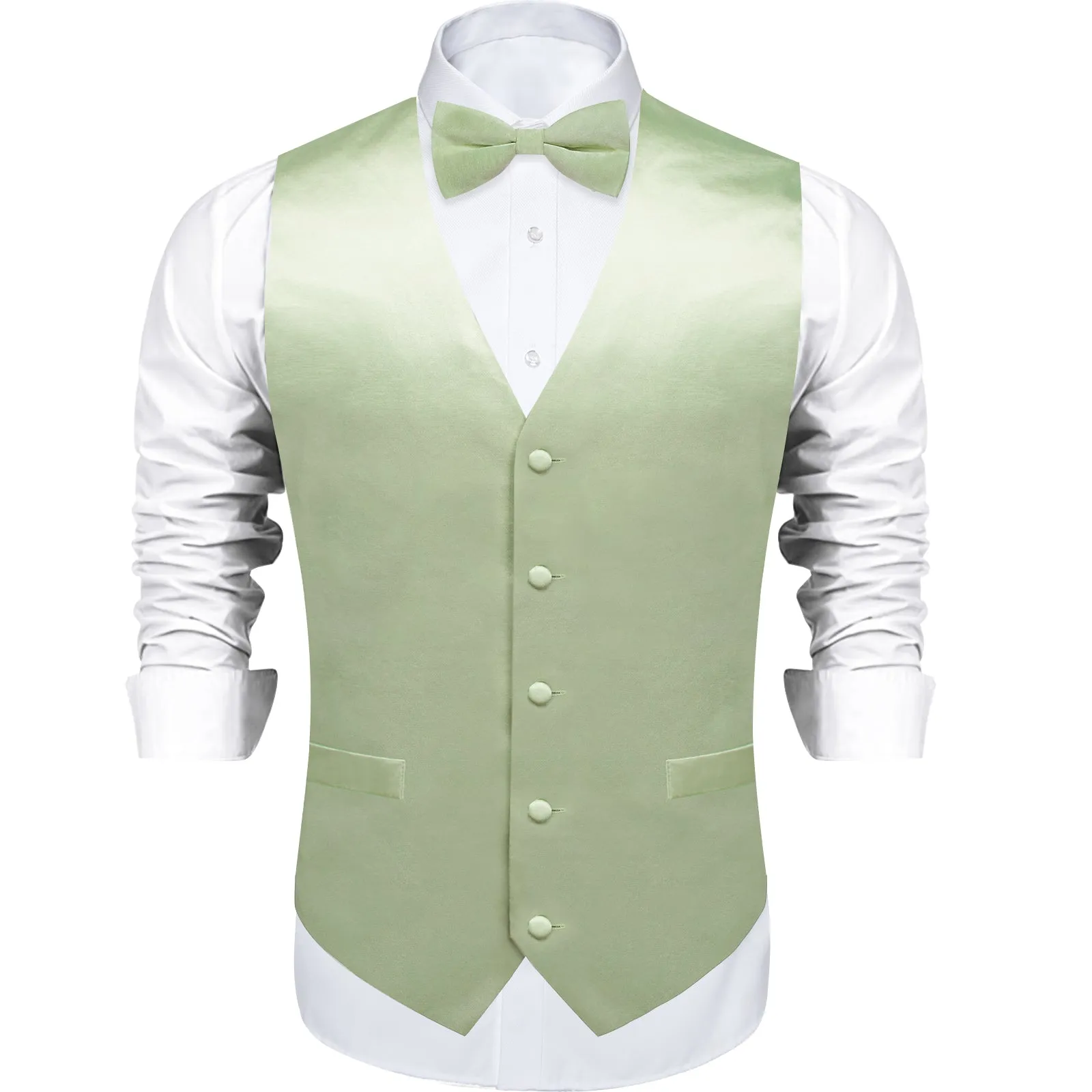 Ties2you Mens Sage Green Vest Bowtie Set for Wedding Solid Silk Satin Single Breasted Waistcoat sold by Ties2You product image thumbnail 2